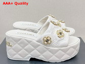 Chanel Platfrom Mules in White Embroidered Lambskn and Pearl Flowers Replica