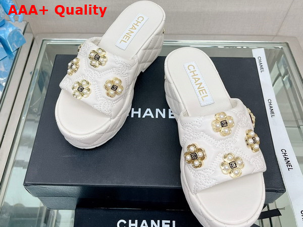 Chanel Platfrom Mules in White Embroidered Lambskn and Pearl Flowers Replica