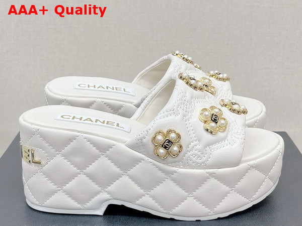 Chanel Platfrom Mules in White Embroidered Lambskn and Pearl Flowers Replica