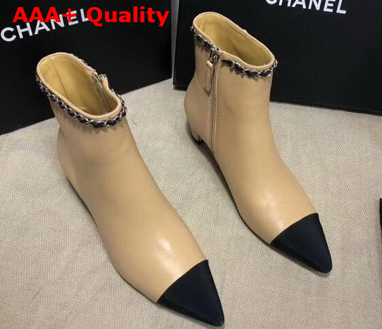 Chanel Point Toe Ankle Boot in Beige Lambskin and Black Grosgrain Replica