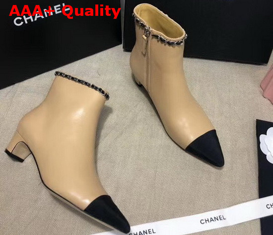 Chanel Point Toe Ankle Boot in Beige Lambskin and Black Grosgrain Replica