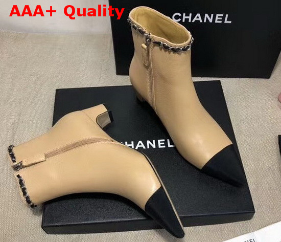 Chanel Point Toe Ankle Boot in Beige Lambskin and Black Grosgrain Replica