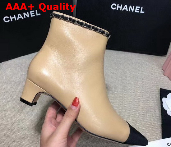 Chanel Point Toe Ankle Boot in Beige Lambskin and Black Grosgrain Replica