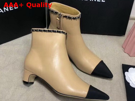 Chanel Point Toe Ankle Boot in Beige Lambskin and Black Grosgrain Replica