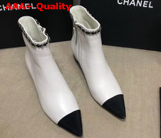 Chanel Point Toe Ankle Boot in White Lambskin and Black Grosgrain Replica