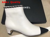 Chanel Point Toe Ankle Boot in White Lambskin and Black Grosgrain Replica