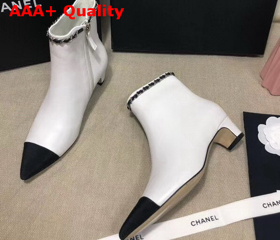 Chanel Point Toe Ankle Boot in White Lambskin and Black Grosgrain Replica