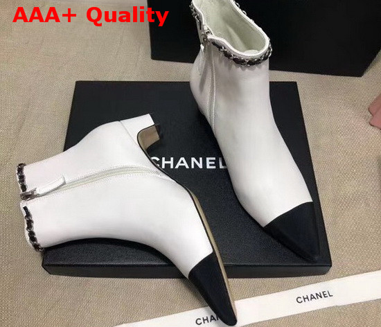 Chanel Point Toe Ankle Boot in White Lambskin and Black Grosgrain Replica