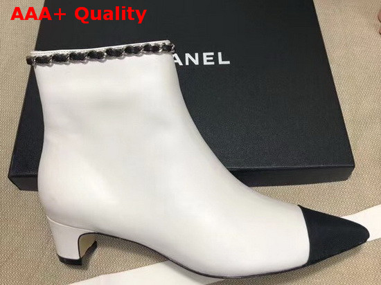 Chanel Point Toe Ankle Boot in White Lambskin and Black Grosgrain Replica