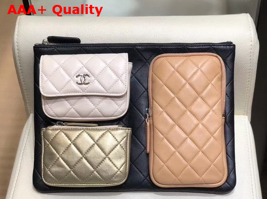 Chanel Pouch Lambskin and Silver Tone Metal Black Ivory Light Gold and Beige AP1054 Replica