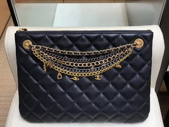 Chanel Pouch in Black Lambskin Decorated with Bag Charm Chain AP0502