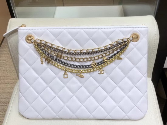 Chanel Pouch in White Lambskin Decorated with Bag Charm Chain AP0502