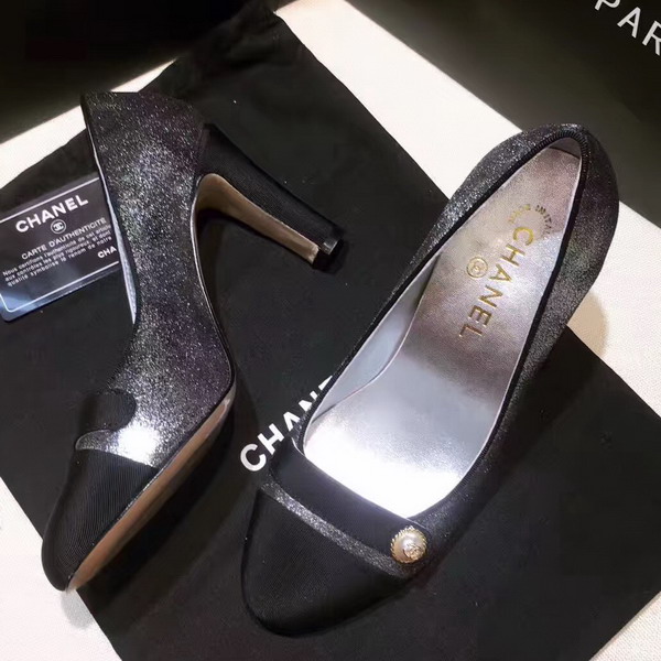 Chanel Pumps Metallic Calfskin and Grosgrain Antique Silver and Black For Sale