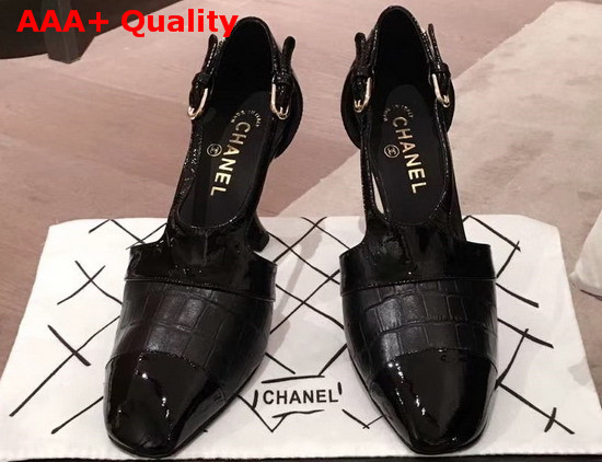 Chanel Pumps in Black Patent Calfskin and Croc Embossed Calfskin Replica