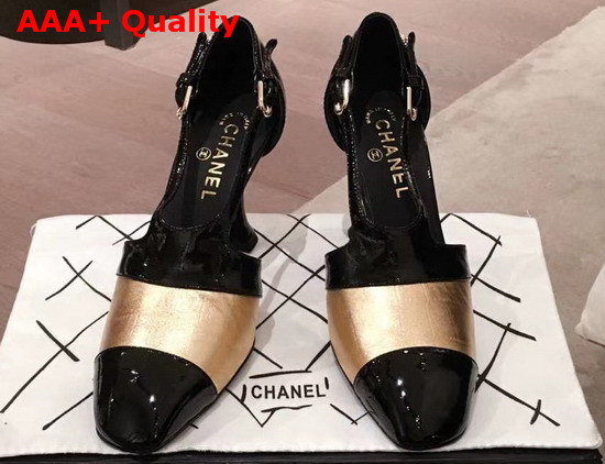 Chanel Pumps in Black Patent Calfskin and Light Gold Croc Embossed Calfskin Replica