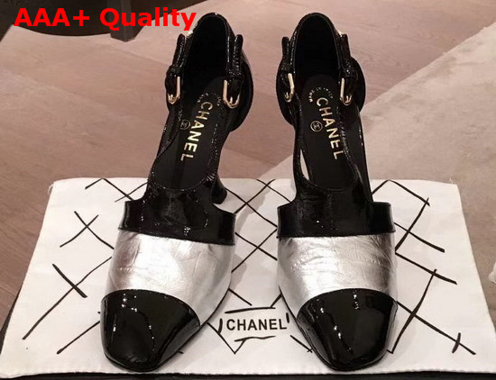 Chanel Pumps in Black Patent Calfskin and Silver Croc Embossed Calfskin Replica