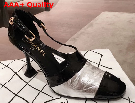 Chanel Pumps in Black Patent Calfskin and Silver Croc Embossed Calfskin Replica