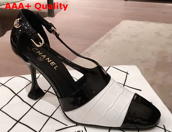 Chanel Pumps in Black Patent Calfskin and White Croc Embossed Calfskin Replica