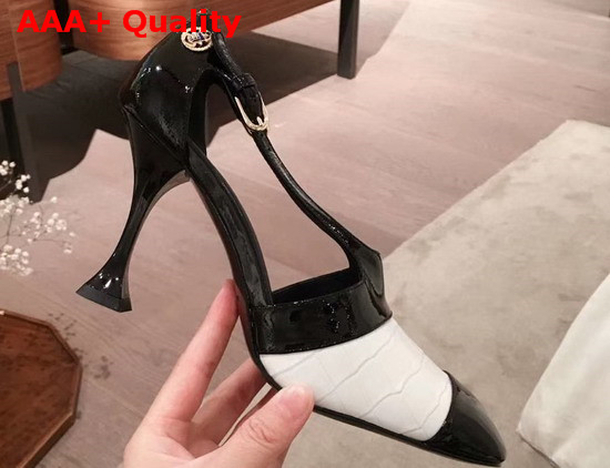 Chanel Pumps in Black Patent Calfskin and White Croc Embossed Calfskin Replica