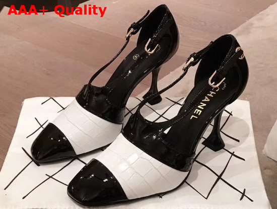 Chanel Pumps in Black Patent Calfskin and White Croc Embossed Calfskin Replica