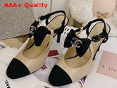 Chanel Pumps with Straps and Bow Beige Lambskin and Black Grosgrain Replica