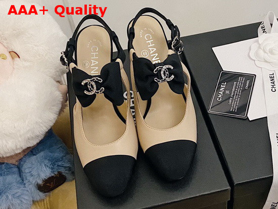 Chanel Pumps with Straps and Bow Beige Lambskin and Black Grosgrain Replica