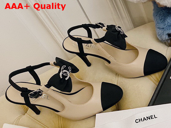 Chanel Pumps with Straps and Bow Beige Lambskin and Black Grosgrain Replica