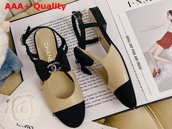 Chanel Pumps with Straps and Bow Beige Lambskin and Black Grosgrain Replica