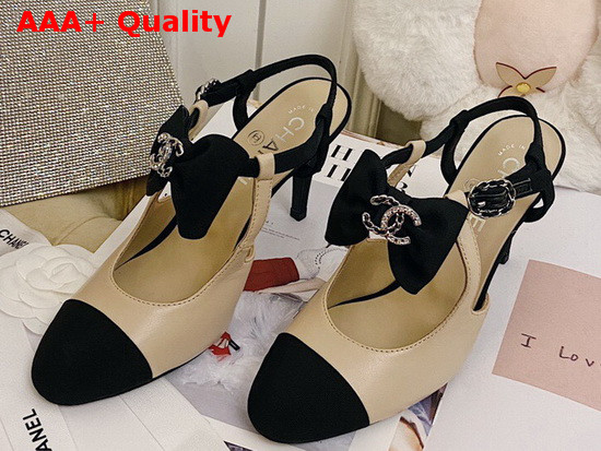 Chanel Pumps with Straps and Bow Beige Lambskin and Black Grosgrain Replica