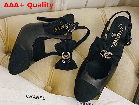 Chanel Pumps with Straps and Bow Black Lambskin and Grosgrain Replica