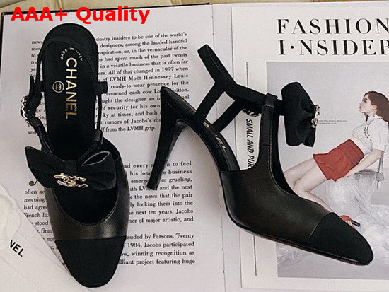 Chanel Pumps with Straps and Bow Black Lambskin and Grosgrain Replica