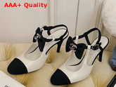 Chanel Pumps with Straps and Bow White Lambskin and Black Grosgrain Replica