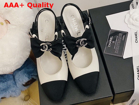 Chanel Pumps with Straps and Bow White Lambskin and Black Grosgrain Replica