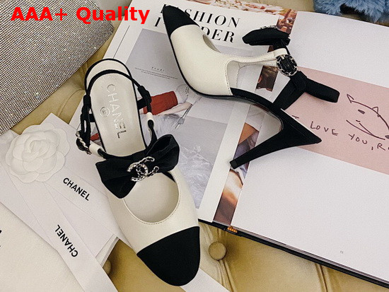 Chanel Pumps with Straps and Bow White Lambskin and Black Grosgrain Replica