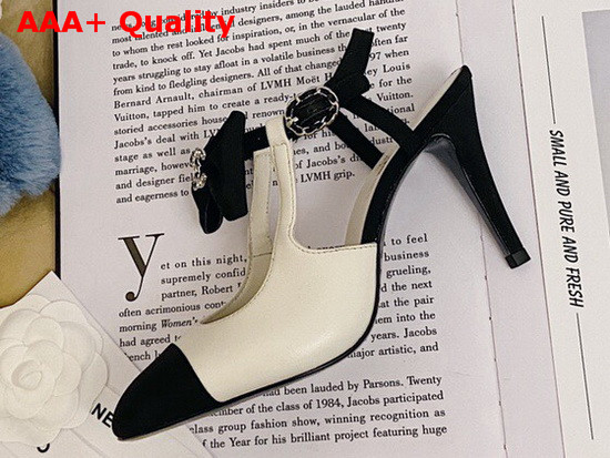 Chanel Pumps with Straps and Bow White Lambskin and Black Grosgrain Replica