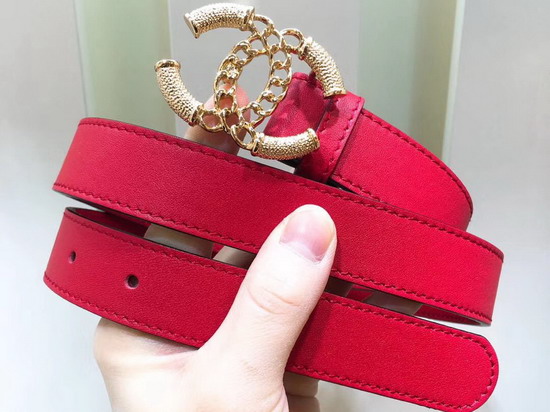 Chanel Red Leather Belt with Gold CC Buckle