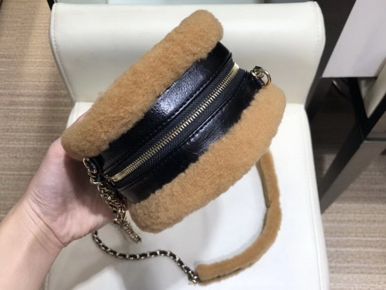 Chanel Round Chain Shoulder Bag Black Shiny Crumpled Sheepskin and Brown Shearling Sheepskin and Gold Tone Metal