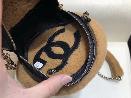 Chanel Round Chain Shoulder Bag Black Shiny Crumpled Sheepskin and Brown Shearling Sheepskin and Gold Tone Metal