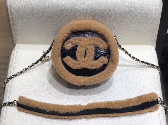 Chanel Round Chain Shoulder Bag Black Shiny Crumpled Sheepskin and Brown Shearling Sheepskin and Gold Tone Metal