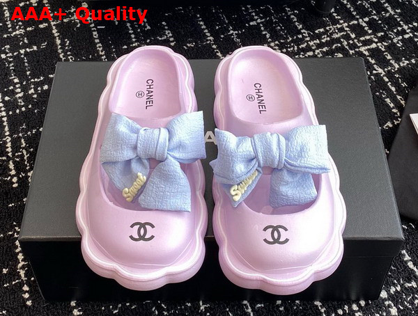 Chanel Rubber Mules in Light Purple with Light Blue Bow Replica