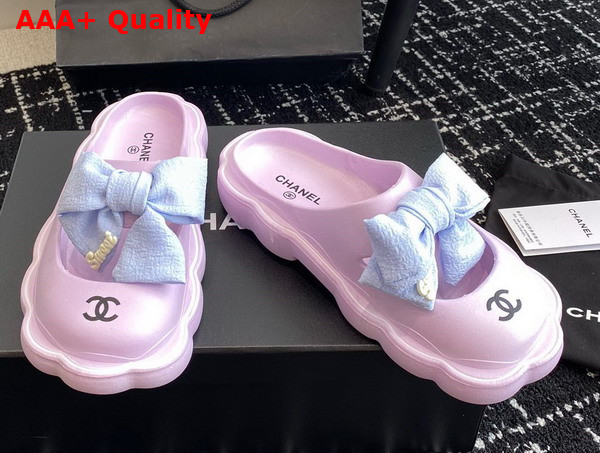 Chanel Rubber Mules in Light Purple with Light Blue Bow Replica