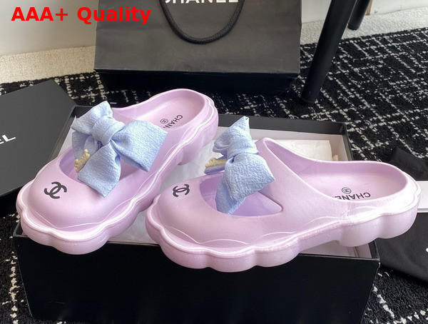 Chanel Rubber Mules in Light Purple with Light Blue Bow Replica