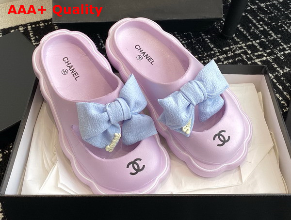 Chanel Rubber Mules in Light Purple with Light Blue Bow Replica