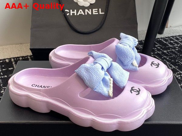 Chanel Rubber Mules in Light Purple with Light Blue Bow Replica