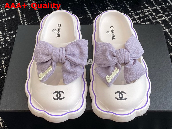 Chanel Rubber Mules in White with Light Purple Bow Replica