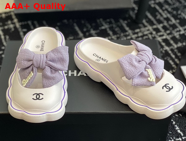 Chanel Rubber Mules in White with Light Purple Bow Replica