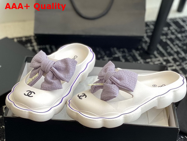 Chanel Rubber Mules in White with Light Purple Bow Replica