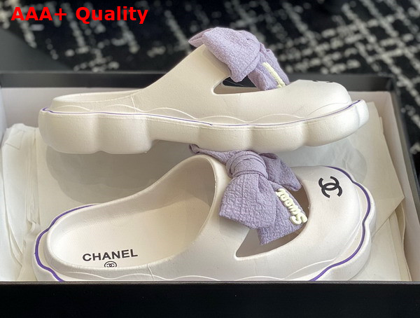 Chanel Rubber Mules in White with Light Purple Bow Replica