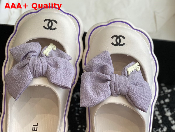 Chanel Rubber Mules in White with Light Purple Bow Replica