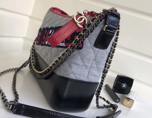 Chanel S Gabrielle Hobo Bag Felt Calfskin Gold Tone and Silver Tone Metal Gray and Navy Blue For Sale